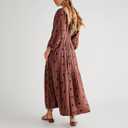 ABYOVRT Women Floral Embroidered Maxi Dress Long Puff Sleeve Square Neck Bohemian Flowy Dress with Pockets Summer Fall (Red, L)
