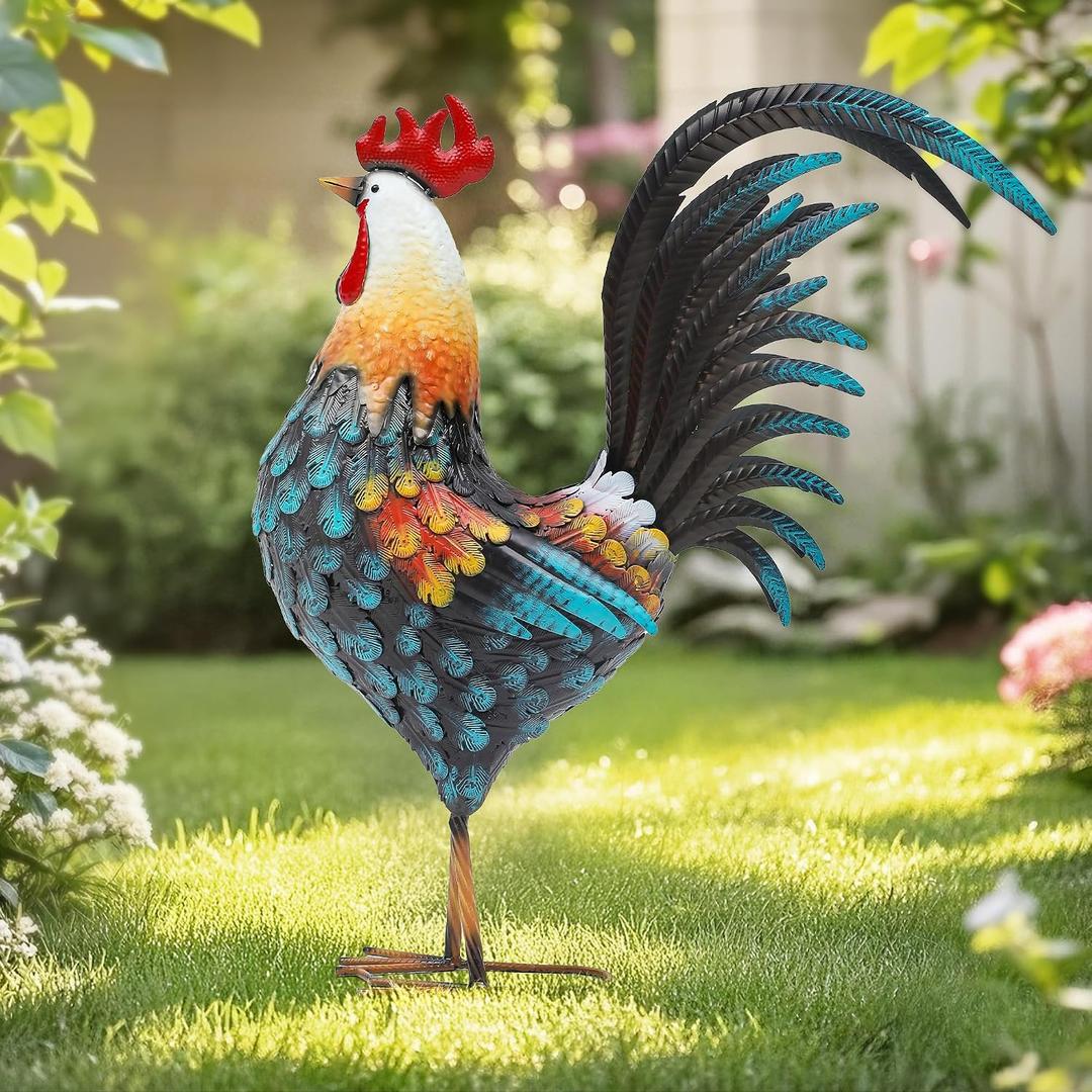 32" Majestic Metal Rooster Yard Decor, Large Outdoor Garden Statue