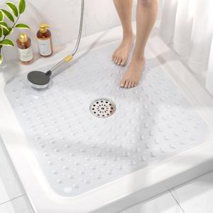 HITSLAM Shower Bathtub Mat Non Slip, 24"x 24" Bath Mat for Tub, Soft PVC Shower Mats for Inside Shower with Suction Cups and Center Drain Hole, Machine Washable Bathroom Floor Mat, Clear