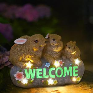 Solar Rabbits with Welcome Sign - Outdoor Bunny Decor with Solar LED Lights - Rabbit Garden Decor & Outdoor Light-Up Gifts for Women, Moms or Birthdays (Brown)