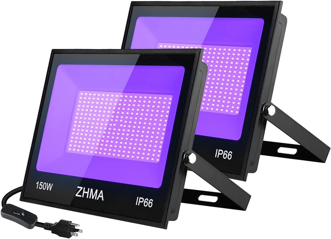 150W Black Lights for Glow Party Large Space,Blacklight(Luz Negra) with Plug and Switch 180°Metals Adjustable Bracket,IP66 Waterproof for Halloween, Birthday Party, Holiday.2 Pack