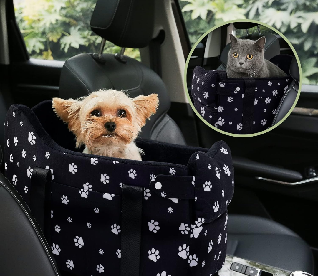 Cullaby Console Dog Car Seat for Small Dogs up to 15 lbs – Portable Armrest Booster with Soft Cushion and Safety Belt (Black)