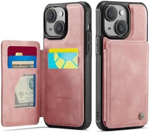 Vinich for iPhone 15 Wallet Case with Card Holder, RFID Blocking Credit Slots Kickstand Shockproof Phone Cover Fit for iPhone 15 6.1" Rose Pink