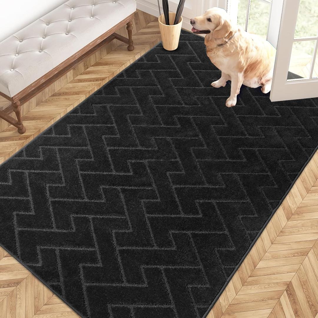 PURRUGS Easy Care Area Rug 4ft x 6ft, Non-Slip Machine Washable Entry Rug, Dog Door Mat, Stain Resistant Accent Rug for Hallway, Bedroom, Living Room and Mudroom, Black (48" x 72")