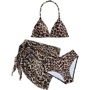 SHENHE Girl's 3 Piece Swimsuits Cute Halter Triangle Bikini Bathing Suit with Beach Cover Up (Leopard Brown) 10Y