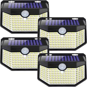 HMCITY Solar Lights Outdoor 120 LED 3 Lighting Modes,Motion Sensor Wall Lights, IP65 Waterproof Solar Powered Wall Lights for Garden Deck Lights (Front Button 4Packs, Black Shell-Daylight White)