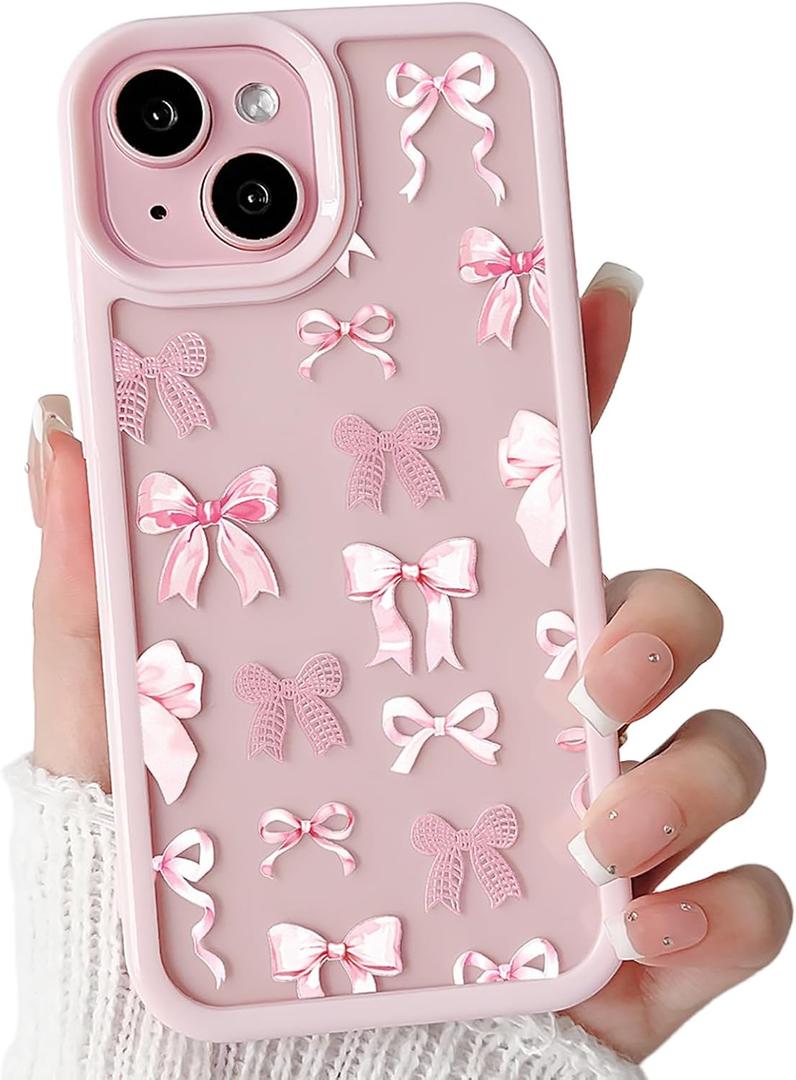 Lovmooful Compatible for iPhone 14 Plus/15 Plus Case Cute Clear Bowknot Ribbon with Color Edge Design with Bumper Protector for Girls Women Soft TPU+PC Shockproof Protective Girly-Pink Bow