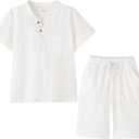 Boy's T-Shirt and Shorts Set Cotton Linen Summer Short Sleeve Children Two Pieces Clothing Pants Sets (10-12)