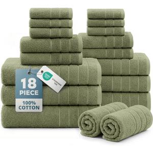 Casa Platino 100% Luxury Cotton Bath Towel Pack of 18 - Softer, High Absorbency & Durable - 6 Bath, 6 Wash Cloth, 6 Hand Towels for Bathroom - Premium Look, Spa Quality, Solid Dyed Towels - Oil Green