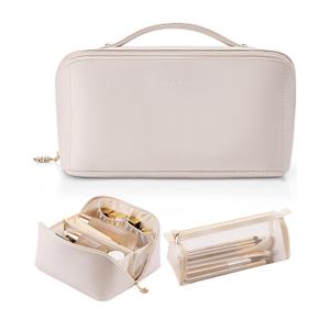 Vlando Travel Makeup Bag, Graduation Gifts,Make up Bag Travel Toiletry Bag for Women Open Flat Makeup Organizer with Divider and Handle-White