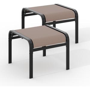 Outdoor Ottoman Set of 2, Outdoor Foot Stool with Textliene Fabric, Metal Frame, Stackable Oversized Foot Rest for Patio Garden Pool, Light Brown, 22.8"D x 22.1"W x 17.1"H
