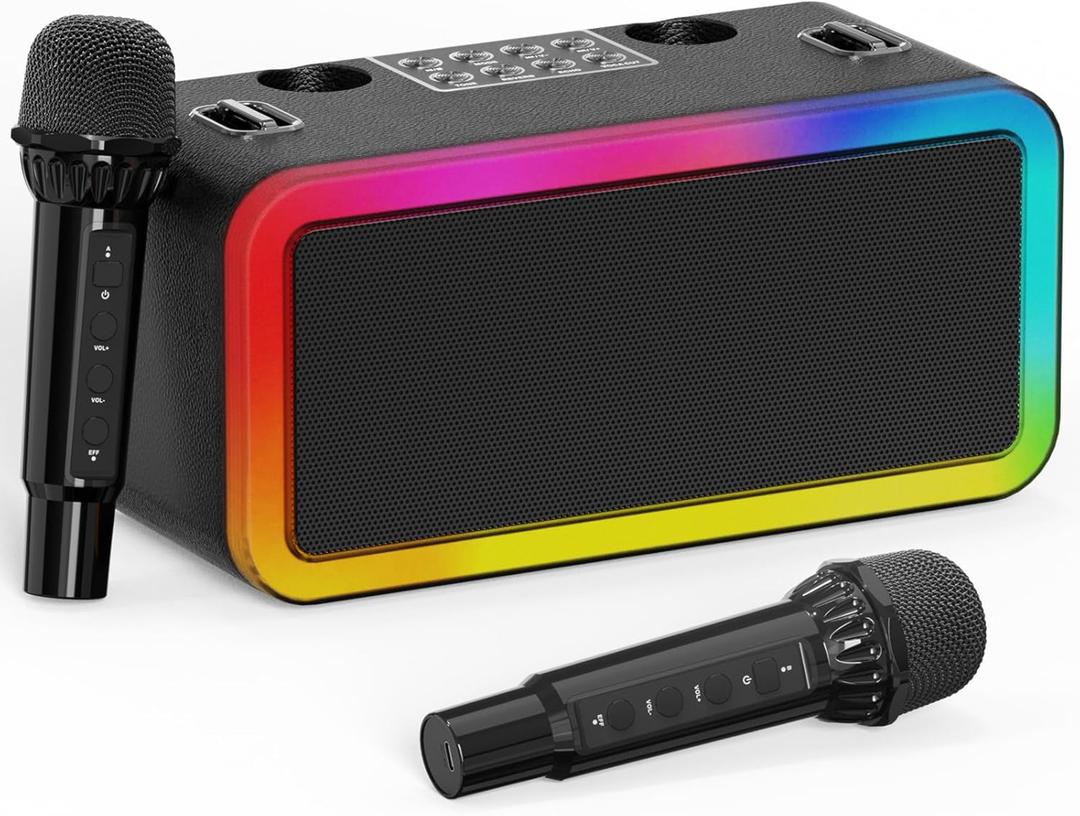 Portable Karaokee Machine 2 Microphones, Outdoor Bluetooth Speaker Karaoke Machine, Karaoke Microphone Machines Kids Adults Wireless PA TF Card/USB Sound Effect Light Outdoor/Indoor Home Party, Black