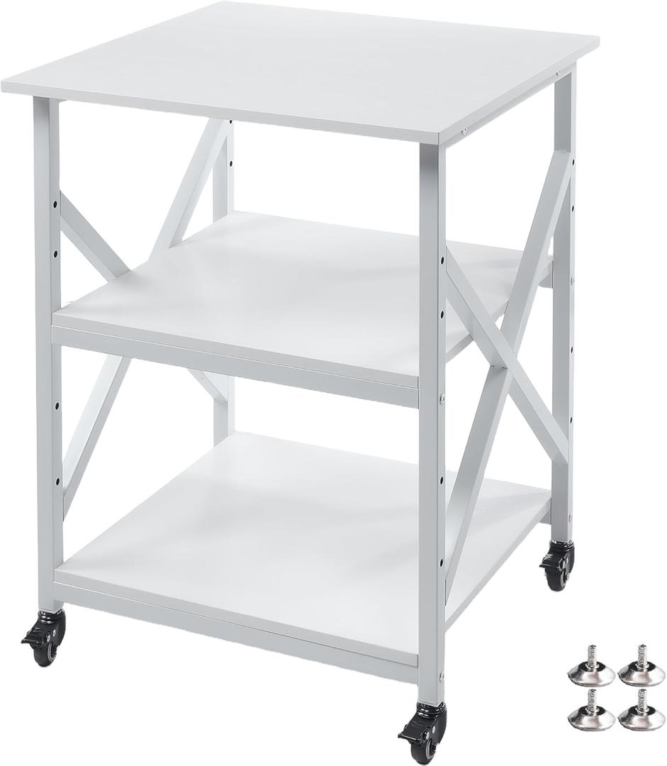 Fannova Large Printer Stand with Height Adjustable Storage Shelf, 23.6 x 23.6 Inches Square Printer Table with Industrial Wheels, Multi-use 3 Tier Rolling Printer Cart for Home Office - White