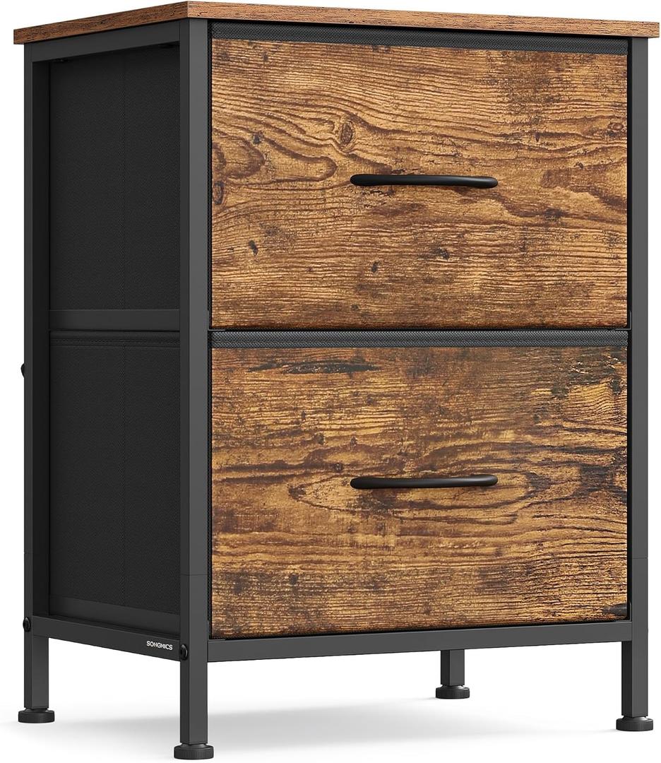 SONGMICS Dresser for Bedroom, Chest of Drawers, Nightstand, Steel, MDF, 2 Non-Woven Fabric Drawers, Storage Organizer Unit, Closet, Entryway, Rustic Brown and Ink Black ULGS312B02S, 1 Pack