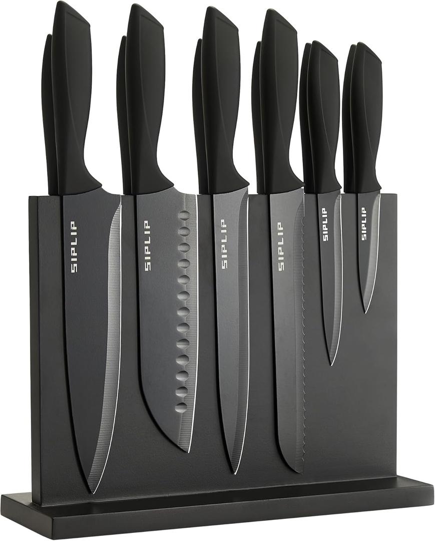 Kitchen knife set with Magnetic knife holder, 15 pieces high carbon stainless steel sharp kitchen knife set including chef's knife, bread knife, serrated steak knife set (Black)
