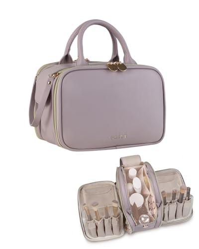 Prite Makeup Bag for Women, Large Capacity Waterproof Travel Cosmetic Organizer, Portable Open Flat Toiletry Bag with Free-standing Brush Holder and Handle(Purple Meidum)
