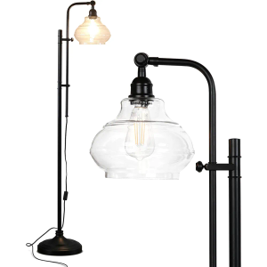 Brightech Austin LED Floor Lamp, Industrial Lamp for Living Rooms & Offices, Mid-Century Modern Standing Lamp with Adjustable Head, Tall Lamp with Rustic Glass Teardrop Shade for Bedroom - Black