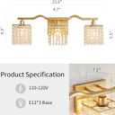 WUZUPS 3-Light Bathroom Light Fixture Over Mirror Morden Vanity Wall Sconces Light Clear Crystal Drop for Bedroom Living Room, E12 Base, Gold