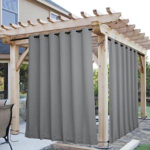 NICETOWN 2 Panels Outdoor Curtains for Patio Waterproof & Windproof, Grommet & Back Tab on Top & Bottom Weighted Drapes Keep Sun/Rain Out with Bouns Rope for Garage, Silver Grey, W84 x L108