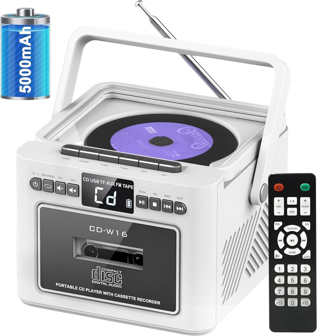 Boombox CD Player,CD Cassette Player Combo with Bluetooth,5w HiFi Speakers,Built-in 5000 Rechargeable Battery,FM Radio,Tape Recording,Remote Control,USB/AUX/Micro SD/3.5mm Headphone for Home (White)