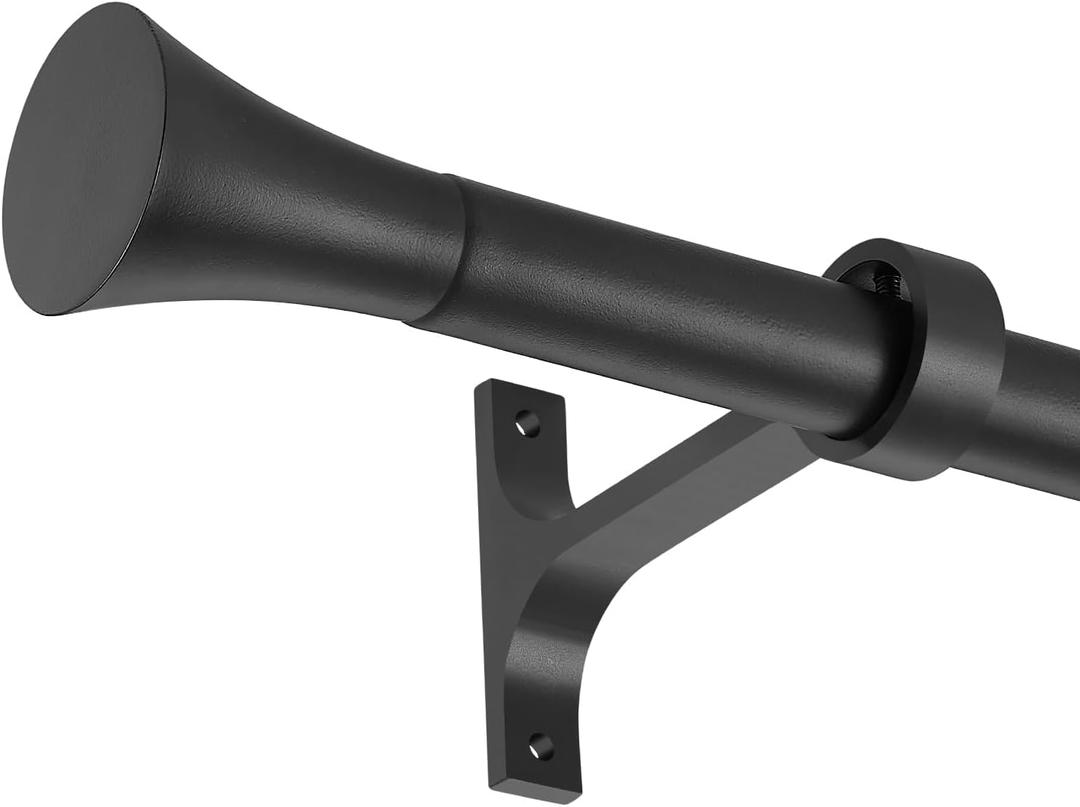 1Inch Single Curtain Rods, Decorative Drapery Rods Adjustable 84-120IN Length, With Horn Finials, Wall Mount and Ceiling Mount, Matte Black