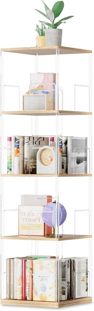 360 Rotating Bookshelf, 4-Tier Spinning Book Shelf Tower with Solid Wood & Clear Acrylic, Square Revolving Bookcase for Living Room, Bedroom and Office