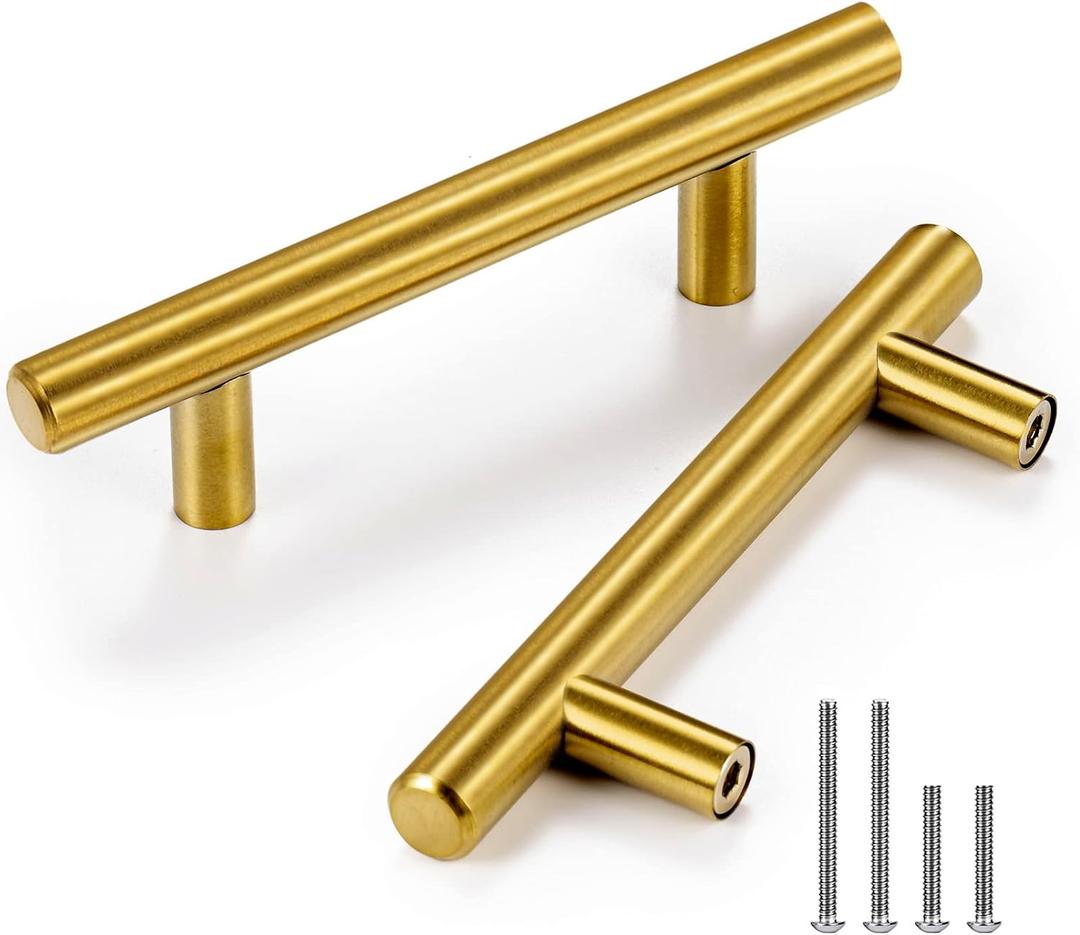 CZC HOME 10 Pack 5 Inch Cabinet Pulls Stainless Steel Drawer Handles, 3" Hole Center Drawer Pulls for Kitchen Dresser Cupboard with 2 Sizes Screws Brushed Brass