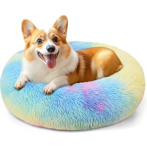28in Large Dog Bed, Medium Size Dog and Cats, Calming Donut Bed for Puppy and Kitten, Washable Round Fluffy Pet Bed (Rainbow)