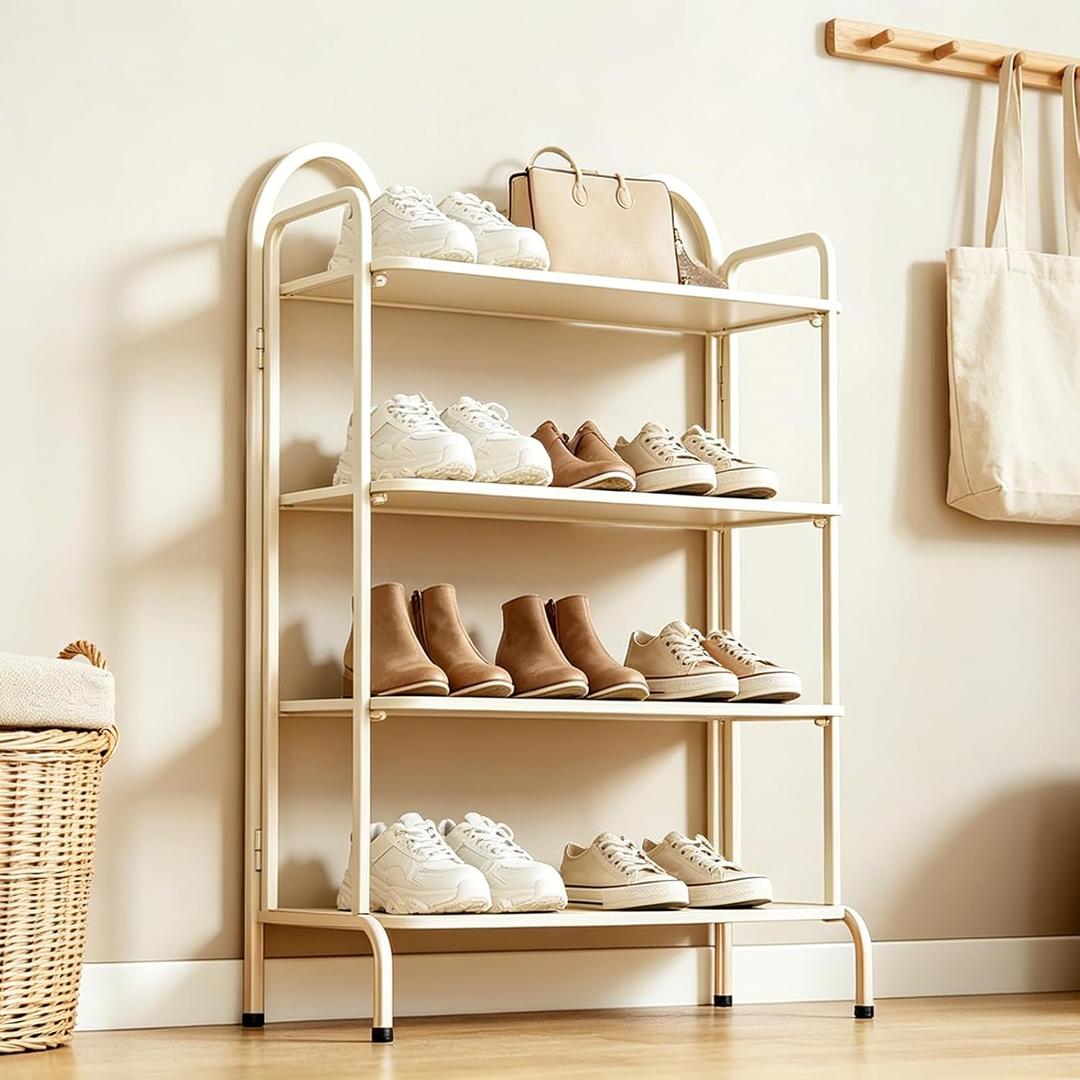 4-Tier Shoe Rack, Freestanding Metal Shoe Storage Organizer for Entryway, Large Capacity Shoe Shelf with Top Handle, Space-Saving Shoe Stand for Closet, Hallway, Bedroom & Small Spaces (White, 4-Tier)