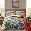 Asuexpect 3 Piece Boho Floral Quilt Sets California King Size Bohemian Flower Microfiber Bedding Set Vibrant Bright Soft Lightweight Comforter Bedspread Coverlet (118''x106'') with 2 Shams (20"x 36")