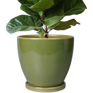 EPFamily Ceramic Pots for Plants - 10 Inch Planter for Indoor Ourdoor Plants Modern Large Flower Pot with Drainage Hole and Saucer Room Home Office Garden Patio Porch Decor Green