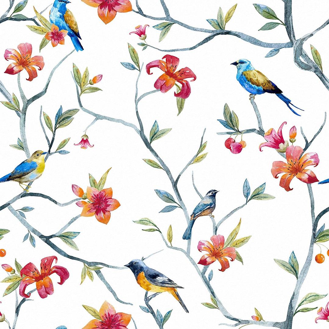 Chinoiserie Bird Wallpaper Floral Contact Paper Birds Vintage Peel and Stick Cottage Core Wallpaper Self Adhesive Mural Bird Flower Boho Contact Paper for Cabinets Farmhouse Bedroom 24"x118" (Blue/White)