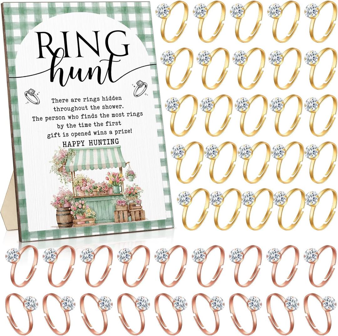 Bucherry 100 Pcs Bridal Shower Diamond Engagement Rings with Rings Hunt Games Sign Wooden Wedding Game Sign Engagement Ring Gift for Guest Bride Shower Table Decoration Cupcake Toppers(Locally Grown)