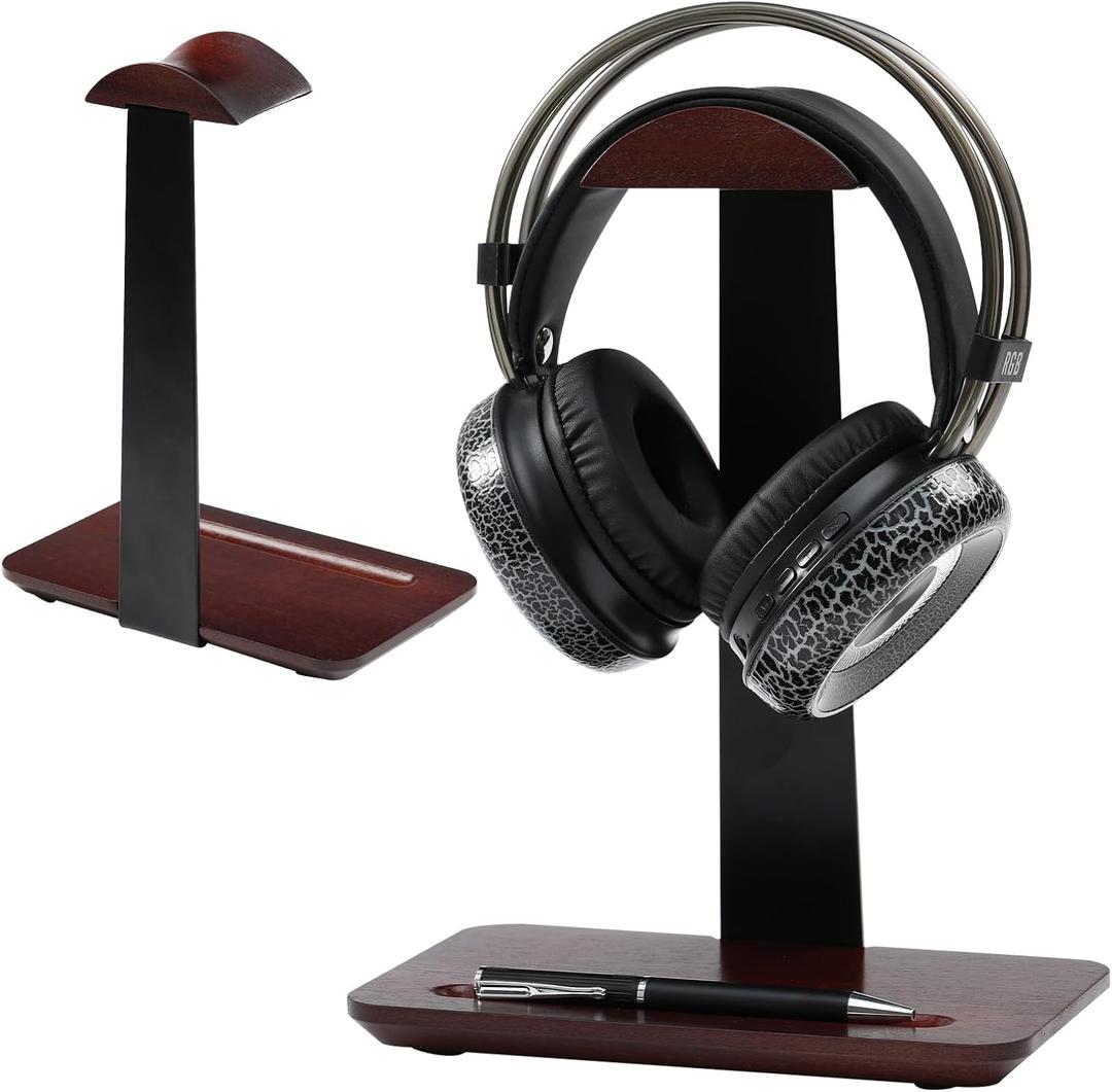 Walnut Wood Headphone Stand with Pen Holder - Desktop Wooden Headphone Stand, Solid Wood Headset Holder & Executive Desk Organizer for Office, Compatible with AirPods Max, Sony, Bose