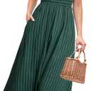 Simplee Womens Striped Midi Summer Dress Linen Smocked Flutter Short Sleeve Dress Flowy Casual Dress with Pockets (Green, S)