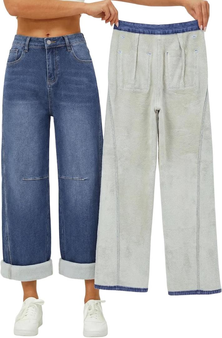 EMMIOL Fleece Lined Jeans Women Baggy, Wide Leg Denim Pants Winter Warm Loose Fit Flannel Lining Y2K Boyfriend Womens Blue, XS