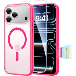 3 in 1 Magnetic Shockproof for iPhone 17 Pro Max Case, [Fit for MagSafe] [TOP Military Protection] 1X Screen Protector+1X Wrist Strap, Camera Control Cover for iPhone 17 ProMax Translucent Hot Pink