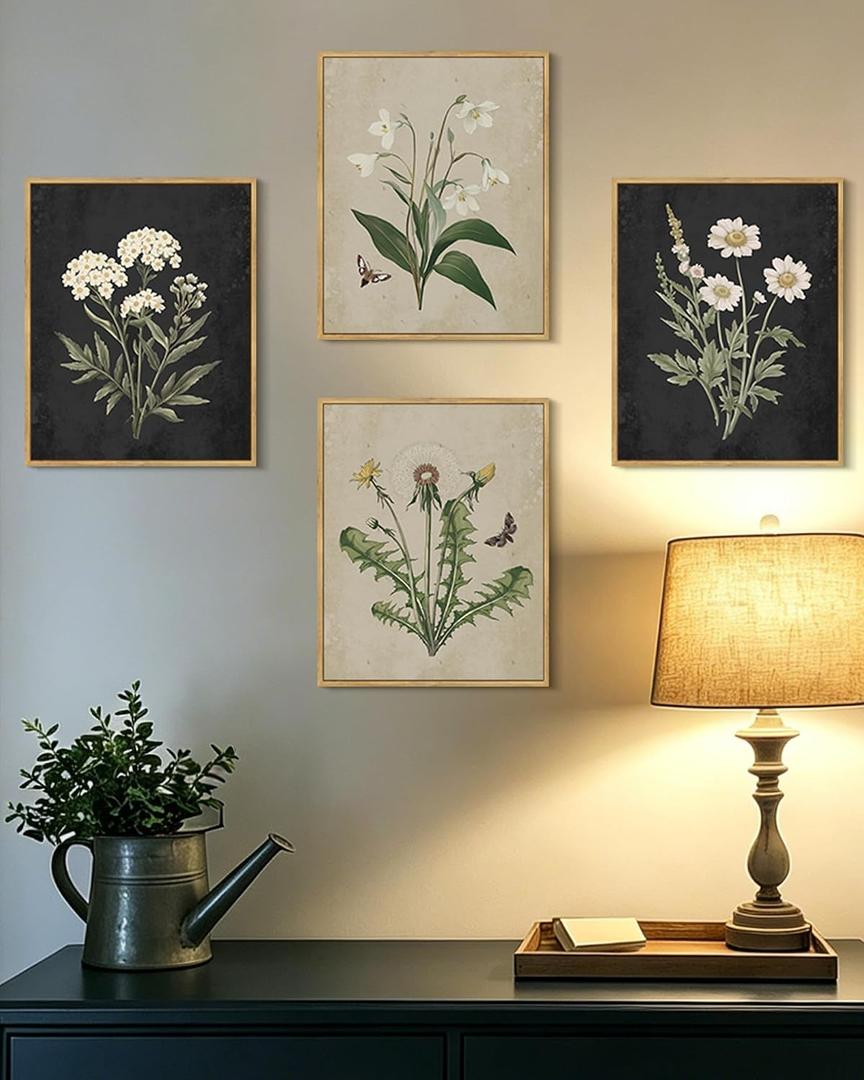 KUVIOKE Vintage Botanical Boho Framed Wall Art Set of 4 Piece Antique Flower Prints Farmhouse Retro Plants Rustic Artwork Bathroom Kitchen Home Decor Ready to Hang 8x10inx4pcs (Natural Framed)
