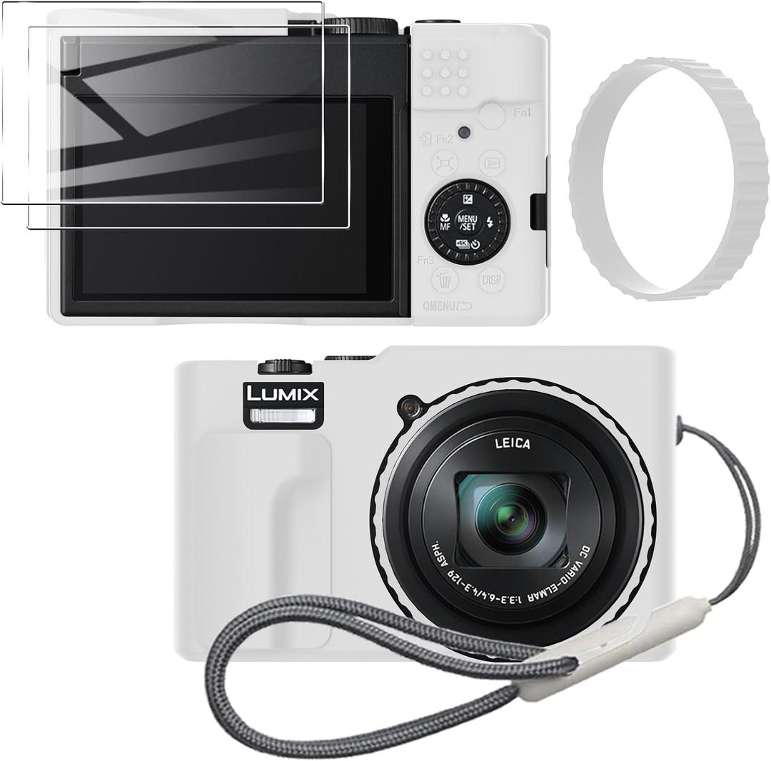 Silicone Case for Panasonic lumix zs99 with Removable Lens Cover and 2PCS Screen Protector and a Lanyard lumix zs99 case - White
