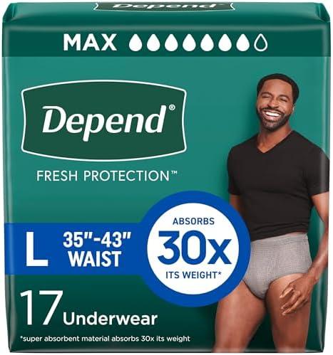 Depend Fresh Protection Adult Diapers, Incontinence Underwear for Men, Disposable, Maximum, Large, Grey, 32 Count, Packaging May Vary
