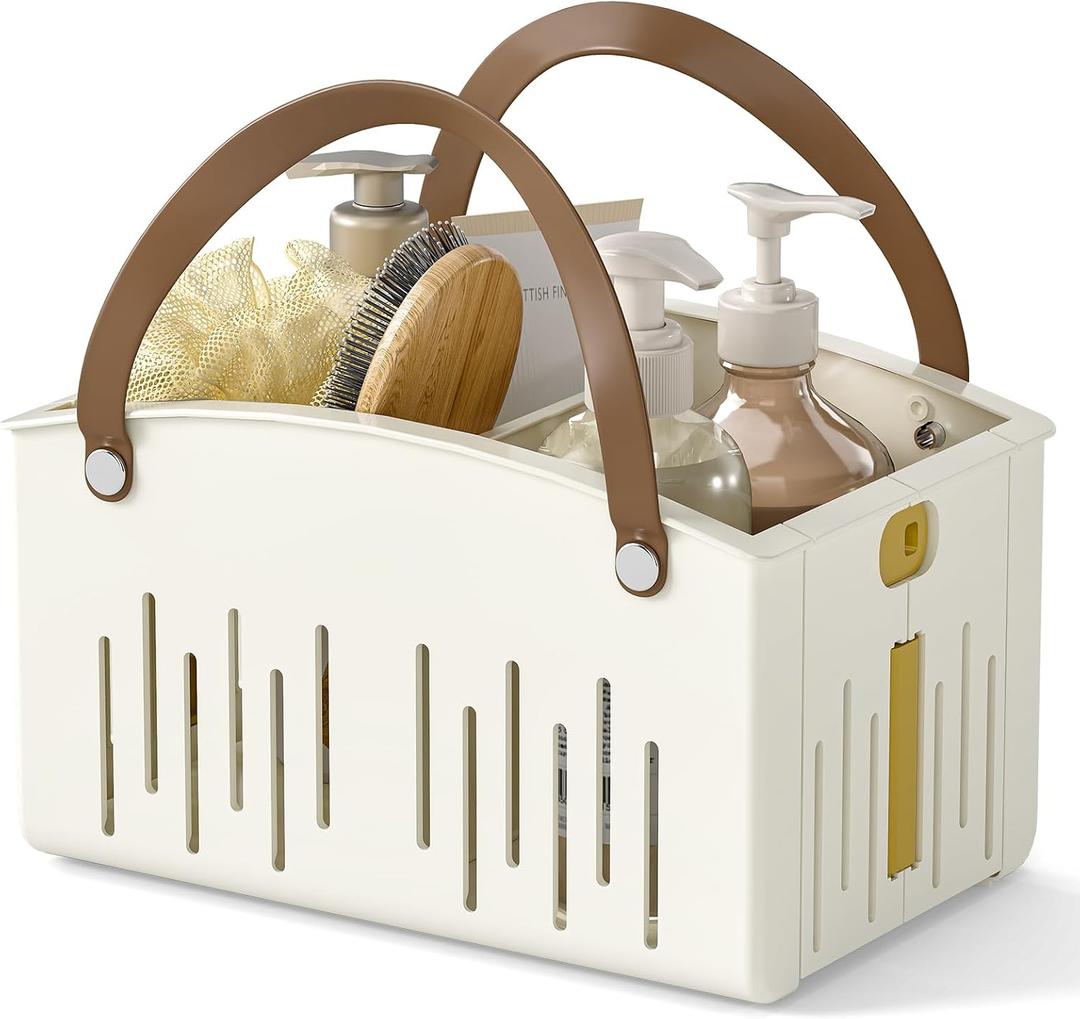 Delamu Portable Shower Basket Caddy with Double Handle Foldable Dry Wet Separation Design 11.0 * 7.1 * 6.5in for Travel, Camping, Gym, Home Use or College Bathroom Tote Caddy Shower Box, White