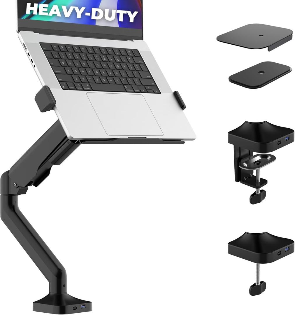 Elevate Pro - Heavy-Duty Standing Laptop Mount for Desk (11"-17.3" - max. 26lbs) Fully Adjustable Gas Spring Arm Stand - Clamp & Grommet Base - Steel Plates for Desk Protection & Stability