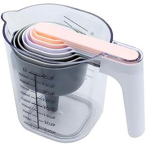COOK WITH COLOR Measuring Cup Set - 9 PC. Nesting Stackable Liquid Measure Cup, Dry Measuring Cups and Spoons with Funnel and Scraper (Grey and Pink)