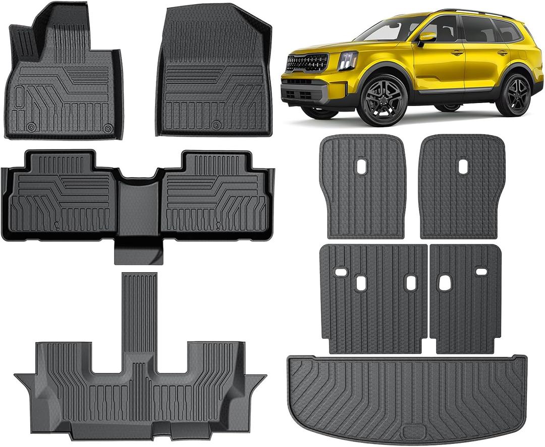 KUST Floor Mats Set for 2020-2025 Kia Telluride 7 Seats, Rear Cargo Trunk Liner with 2nd/3rd Row Backrest Kick Mat All Weather Protection for Telluride Accessories TPE Rubber High Edge