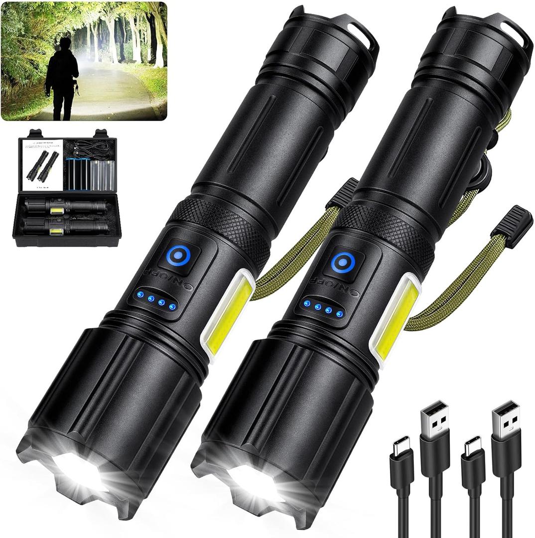 Rechargeable Flashlights High Lumens 2 Pack, Super Bright Flashlight Led Flash Light, 7 Modes with COB Work Light, IPX6 Waterproof for Outdoor Camping Hiking