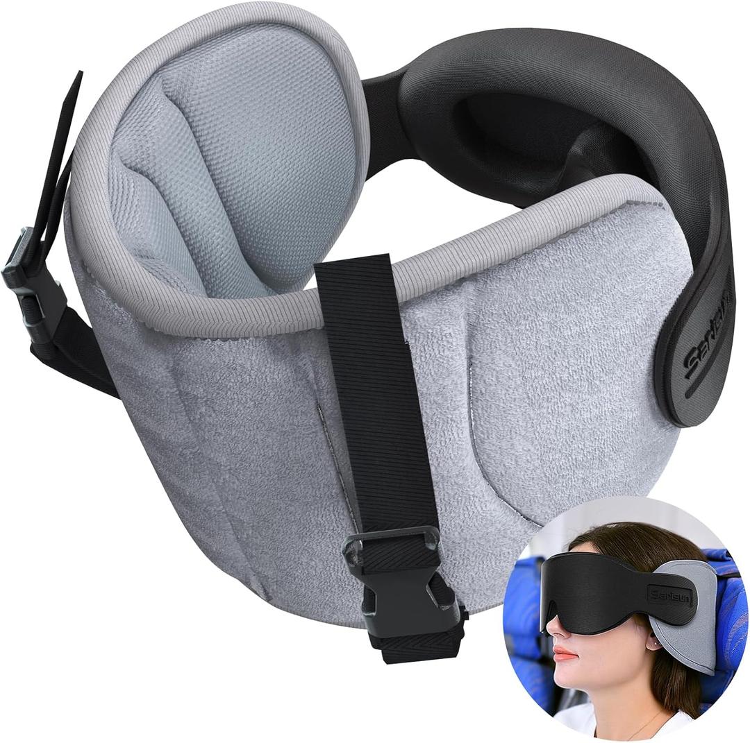 SARISUN Travel Pillows for Airplanes, 360 Support Headrest Pillow with Eye Mask for Sleeping, Travel Airplane Pillow for Long Flights Car Road Trip, Travel Accessories Stop Bobblehead, Grey