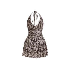 BEAUDRM Women's Y2K Leopard Print Halter Dress Sexy Ruched Tie Backless Tiered Layer Mini Dresses Cheetah Mesh Ruffle Dress, XL