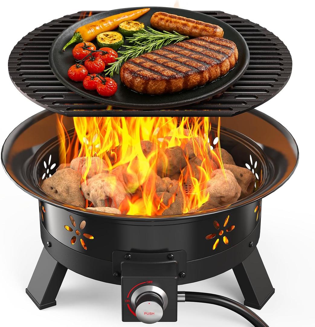 AMADA HOMEFURNISHING 19 Propane Fire Pit with Grill Grate, 58,000 BTU, Folding Legs, Propane Tank Holder, Cover, and Carry Strap, No Ignition Needed, Easy Flame Adjustment, CSA-Certified, Portable (19 Inch)