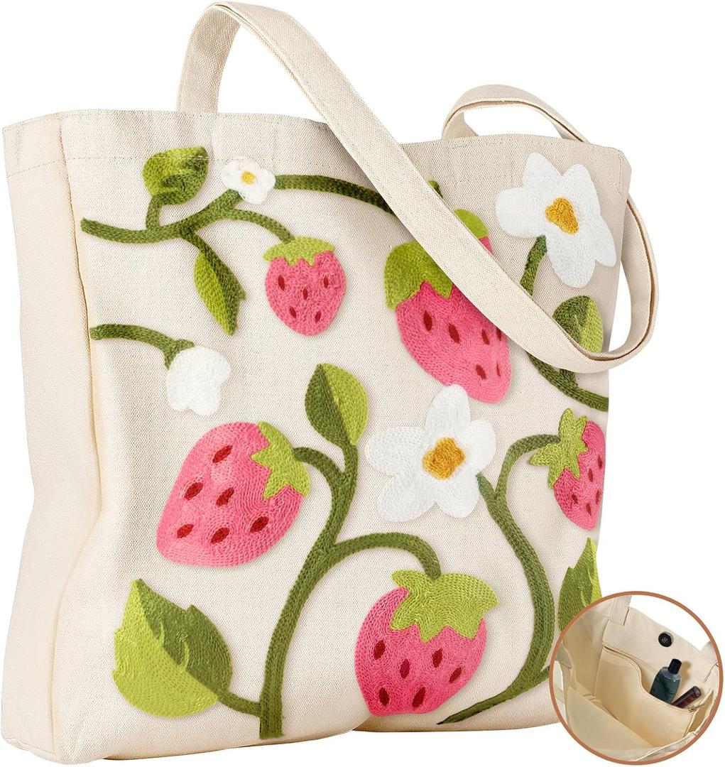 Miss Adola Embroidery Canvas Tote Bag for Women - Reusable Totes with Pocket & Buckle Aesthetic Cute Grocery Shoulder Bag