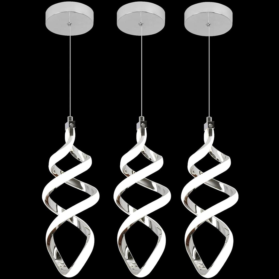 EIDISUNY 3 Packs Pendant Light, 15W Spiral Led Pendant Light, 4500K Modern Pendant Lights Kitchen Island, Adjustable Height Pendant Light for Dining Room Bedroom Kitchen Island Cafe (Chrome)